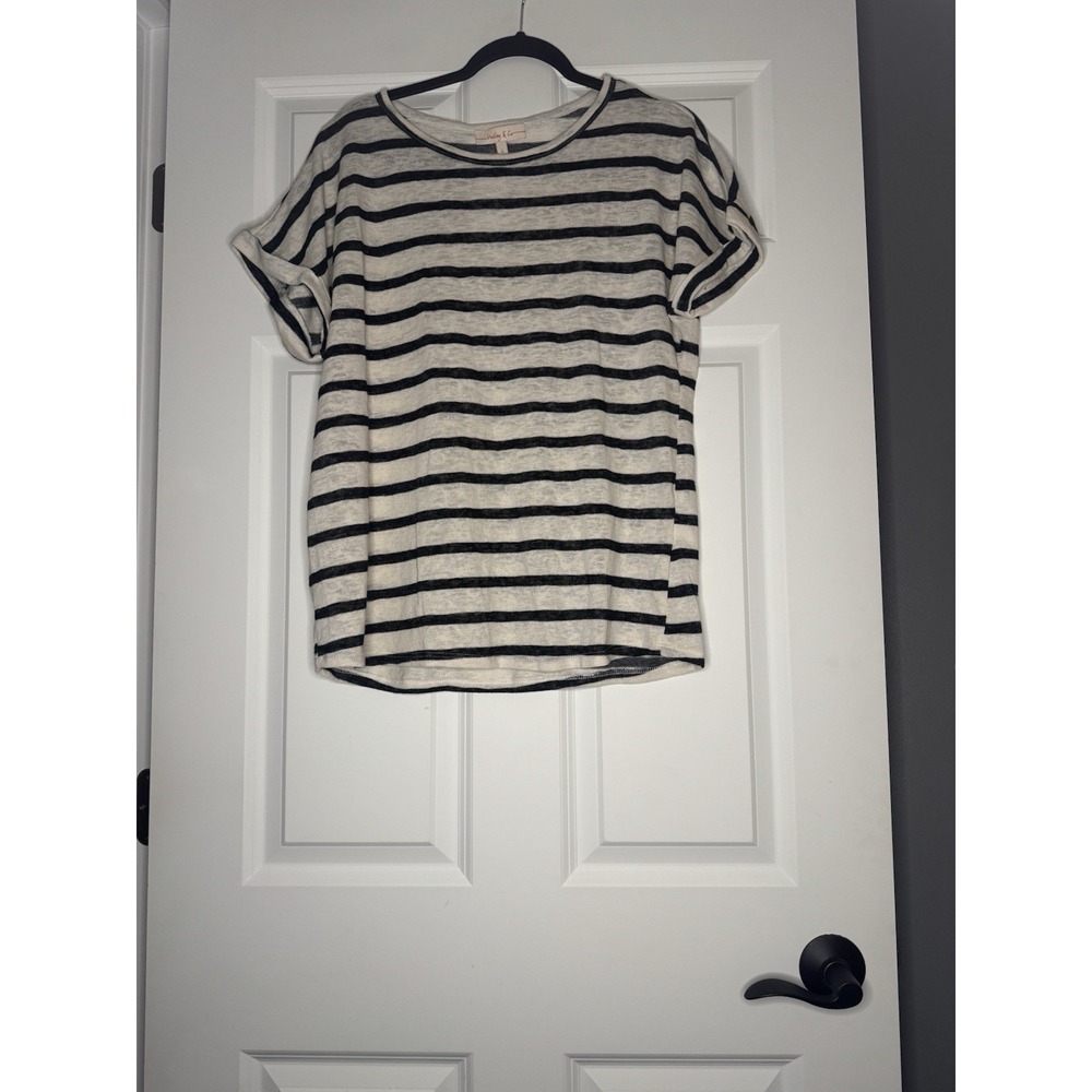 Hailey And Co Short Cuff Sleeve Striped Top Large Black Cream Nwt 34